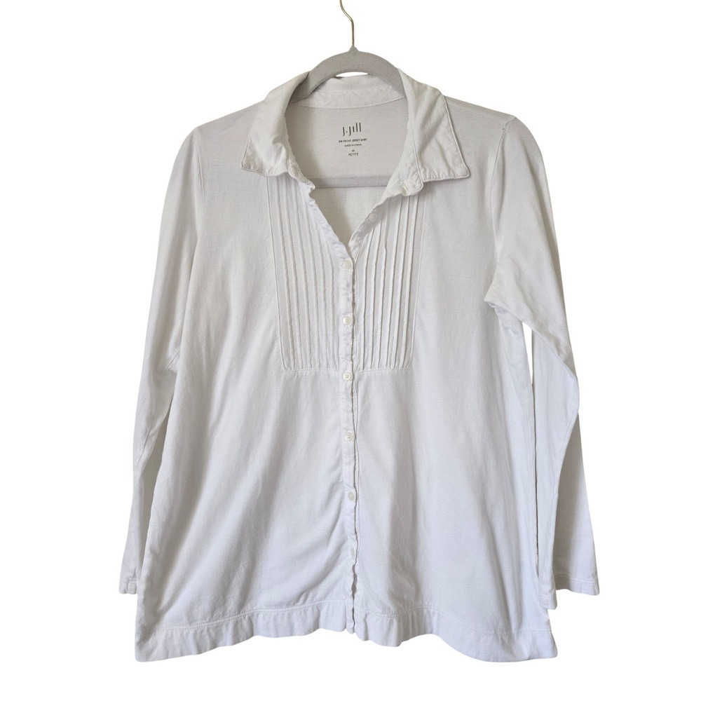 J. Jill White Bib-Front Jersey Shirt Womens Medium Petite Long Sleeve Cotton Top